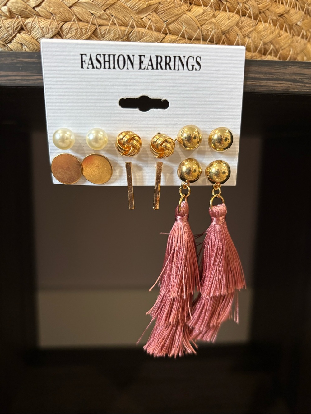 Fashion Earrings Set 6 Pair - Pink Tassel & Gold Studs